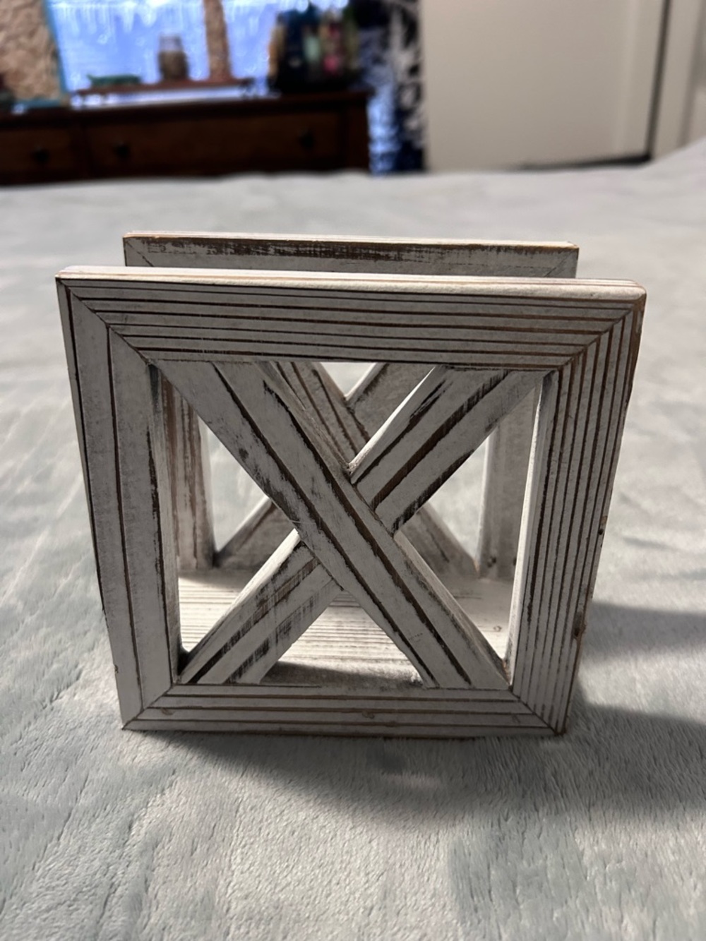 Distressed White Wooden Napkin Holder with Carved X Design